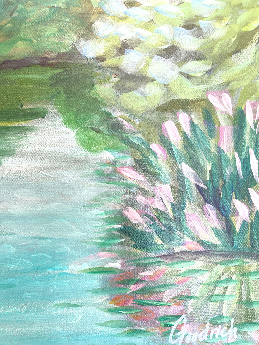 12" x 12" x 1.5"
acrylic on gallery wrapped canvas
Experience nature's hidden gems -- a tranquil green river surrounded by native conifer and deciduous trees, drenched in turquoise light reflected from the still waters. Take a stroll along the Roanoke/Salem Greenway walk and you'll find views that will take your breath away!