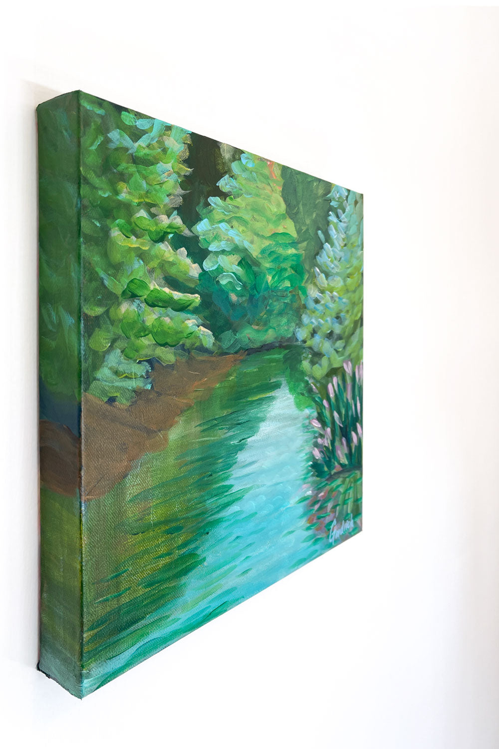 12" x 12" x 1.5"
acrylic on gallery wrapped canvas
Experience nature's hidden gems -- a tranquil green river surrounded by native conifer and deciduous trees, drenched in turquoise light reflected from the still waters. Take a stroll along the Roanoke/Salem Greenway walk and you'll find views that will take your breath away!