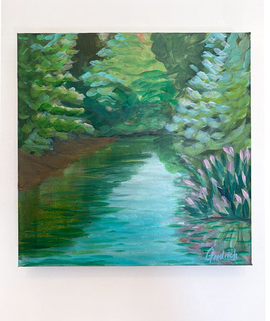 12" x 12" x 1.5"
acrylic on gallery wrapped canvas
Experience nature's hidden gems -- a tranquil green river surrounded by native conifer and deciduous trees, drenched in turquoise light reflected from the still waters. Take a stroll along the Roanoke/Salem Greenway walk and you'll find views that will take your breath away!