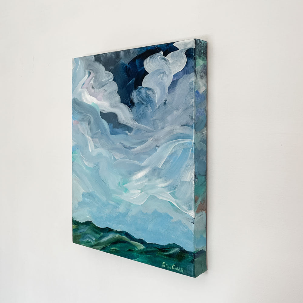 12" x 16" x 1.5"
acrylic on gallery wrapped canvas
ships from Salem, VA
Prussian blue and cobalt clouds dance above the Blue Ridge mountains.
Finished with a varnish to protect against dust and light.
Wired and ready for hanging.