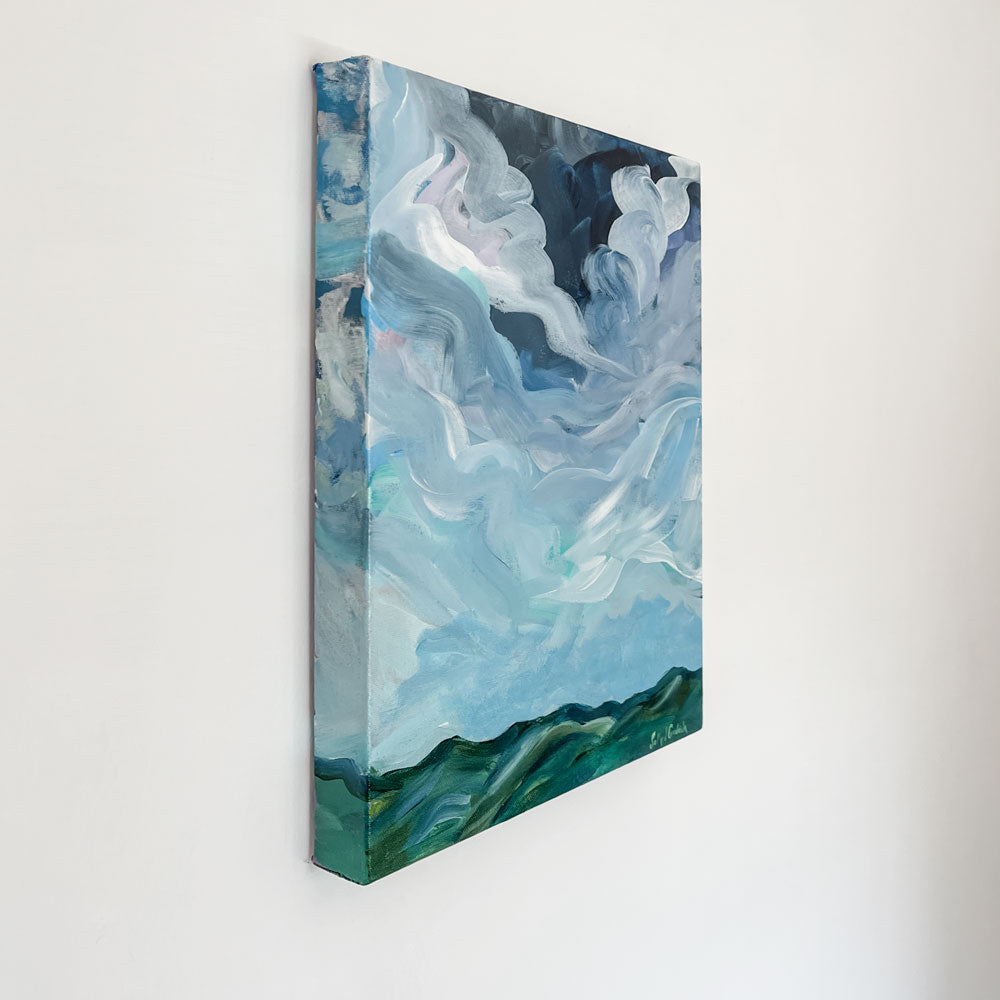 12" x 16" x 1.5"
acrylic on gallery wrapped canvas
ships from Salem, VA
Prussian blue and cobalt clouds dance above the Blue Ridge mountains.
Finished with a varnish to protect against dust and light.
Wired and ready for hanging.
