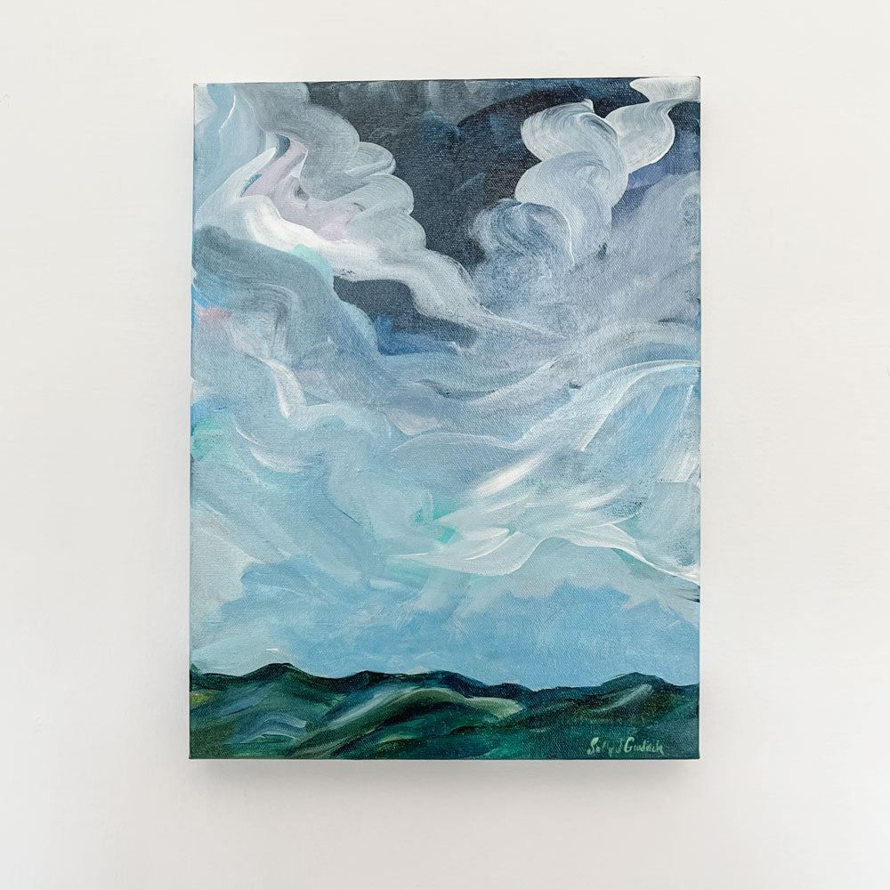 12" x 16" x 1.5"
acrylic on gallery wrapped canvas
ships from Salem, VA
Prussian blue and cobalt clouds dance above the Blue Ridge mountains.
Finished with a varnish to protect against dust and light.
Wired and ready for hanging.
