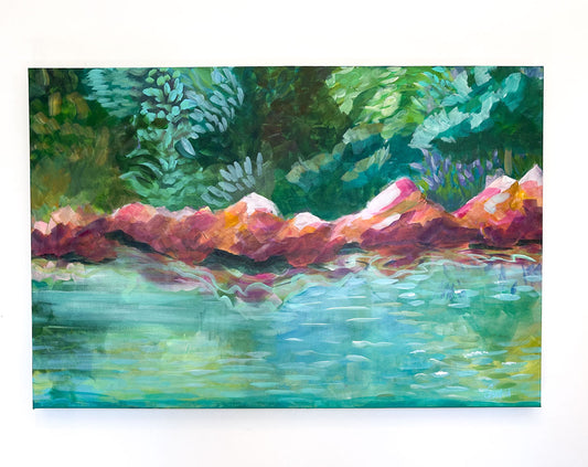 36" x 24"
Acrylic on Gallery Wrapped Canvas
Sit back, relax, and enjoy the good life with Joy! Prepare to be enchanted as you take in the mesmerizing Leesville Lake and its shore, with its emerald green water and turquoise lapping waves. And don't forget the majestic pink rocks that glow in the sun! Joy also takes you deep into the cool woods where the impressionists found their inspiration. So come find your Joy! (It's just that simple!)