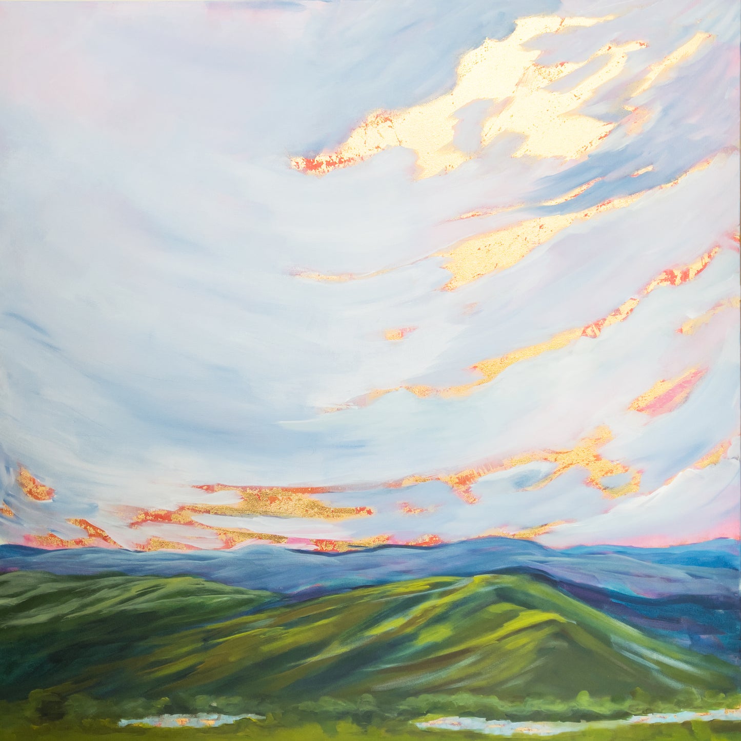 36" x 36"
Acrylic and gold leaf on canvas
Add a touch of whimsy to your wall with our Blue Ridge Parkway canvas painting.
Featuring an impressionistic style, this extra large piece captures the stunning blue sky and sunrise with delicate gold leaf accents that symbolize the regal and sacred aspects of nature.
Perfect for any nature lover or art enthusiast!