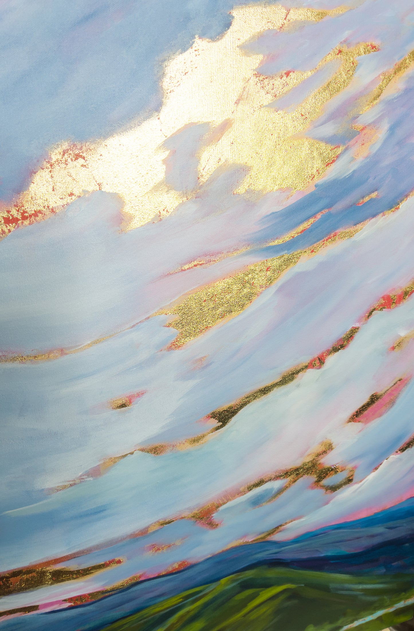 36" x 36"
Acrylic and gold leaf on canvas
Add a touch of whimsy to your wall with our Blue Ridge Parkway canvas painting.
Featuring an impressionistic style, this extra large piece captures the stunning blue sky and sunrise with delicate gold leaf accents that symbolize the regal and sacred aspects of nature.
Perfect for any nature lover or art enthusiast!