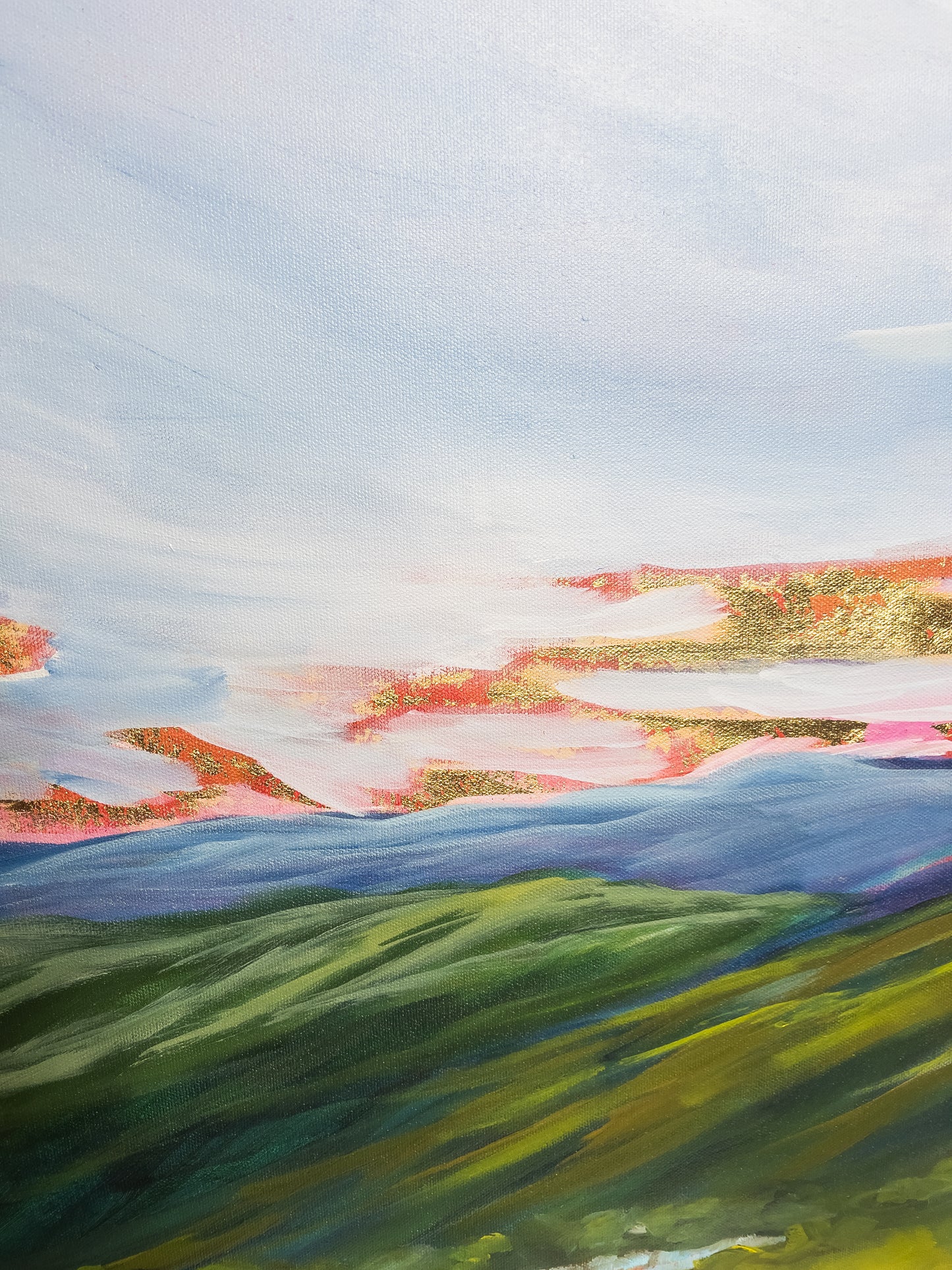 36" x 36"
Acrylic and gold leaf on canvas
Add a touch of whimsy to your wall with our Blue Ridge Parkway canvas painting.
Featuring an impressionistic style, this extra large piece captures the stunning blue sky and sunrise with delicate gold leaf accents that symbolize the regal and sacred aspects of nature.
Perfect for any nature lover or art enthusiast!