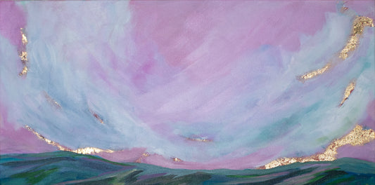 Celebrate the magic of summer with "Festival Seating," a playful landscape painting capturing the Blue Ridge Mountains under dramatic pink skies.
The shimmering gold leaf sun rises, reflecting blues from the mountains in the sky, all brought to life with impressionist charm.
Perfect for adding warmth and whimsy to any space.