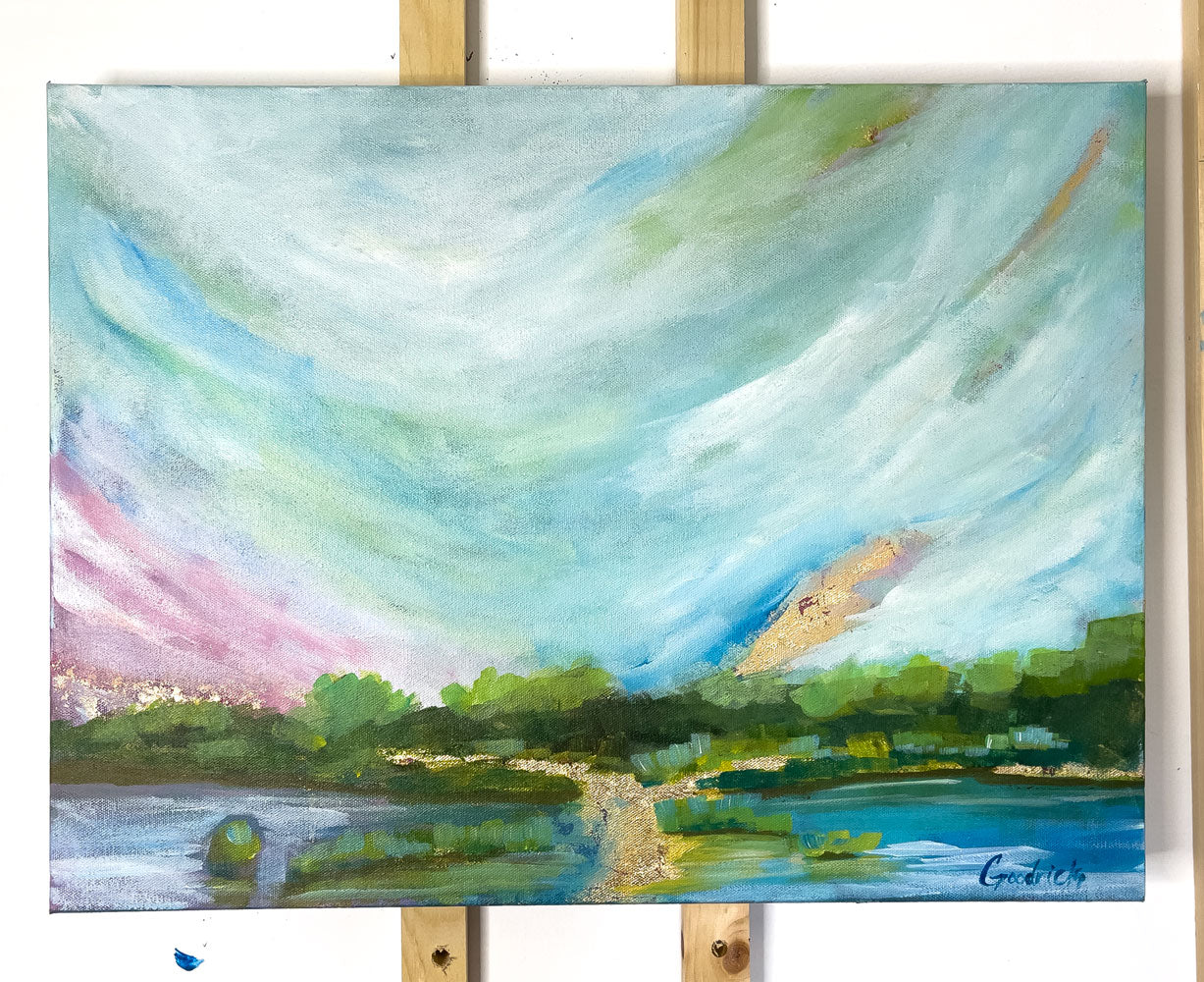 24" x 18"
Acrylic and Gold Leaf on Gallery Wrapped Canvas
An original abstract landscape by Sally J Goodrich
Blue, pink and gold represent the sun rising over the blue ridge mountains and lake. the gold is relected in the lake which is bound by native trees and grasses.