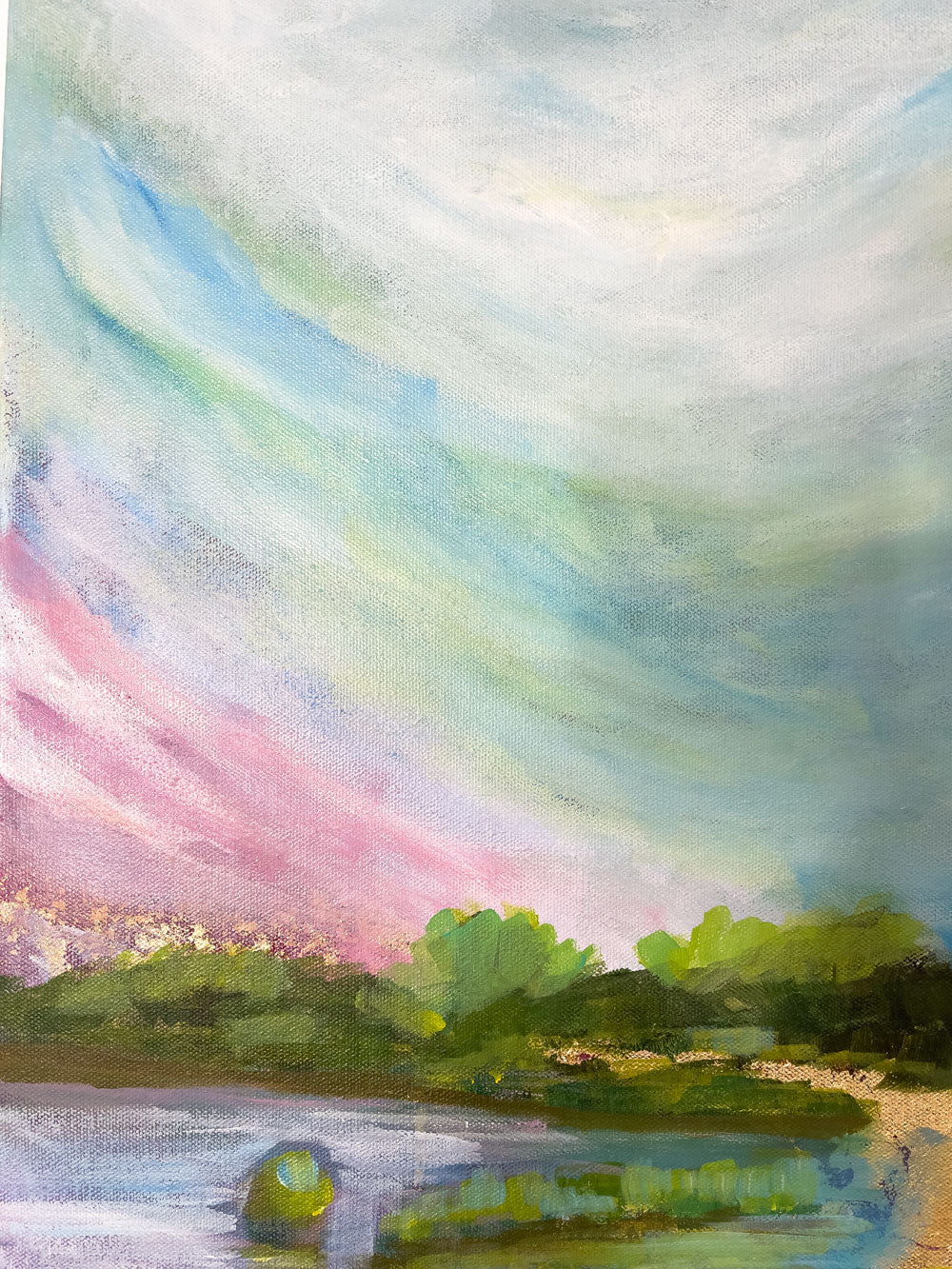 4" x 18"
Acrylic and Gold Leaf on Gallery Wrapped Canvas
An original abstract landscape by Sally J Goodrich
Blue, pink and gold represent the sun rising over the blue ridge mountains and lake. the gold is relected in the lake which is bound by native trees and grasses.