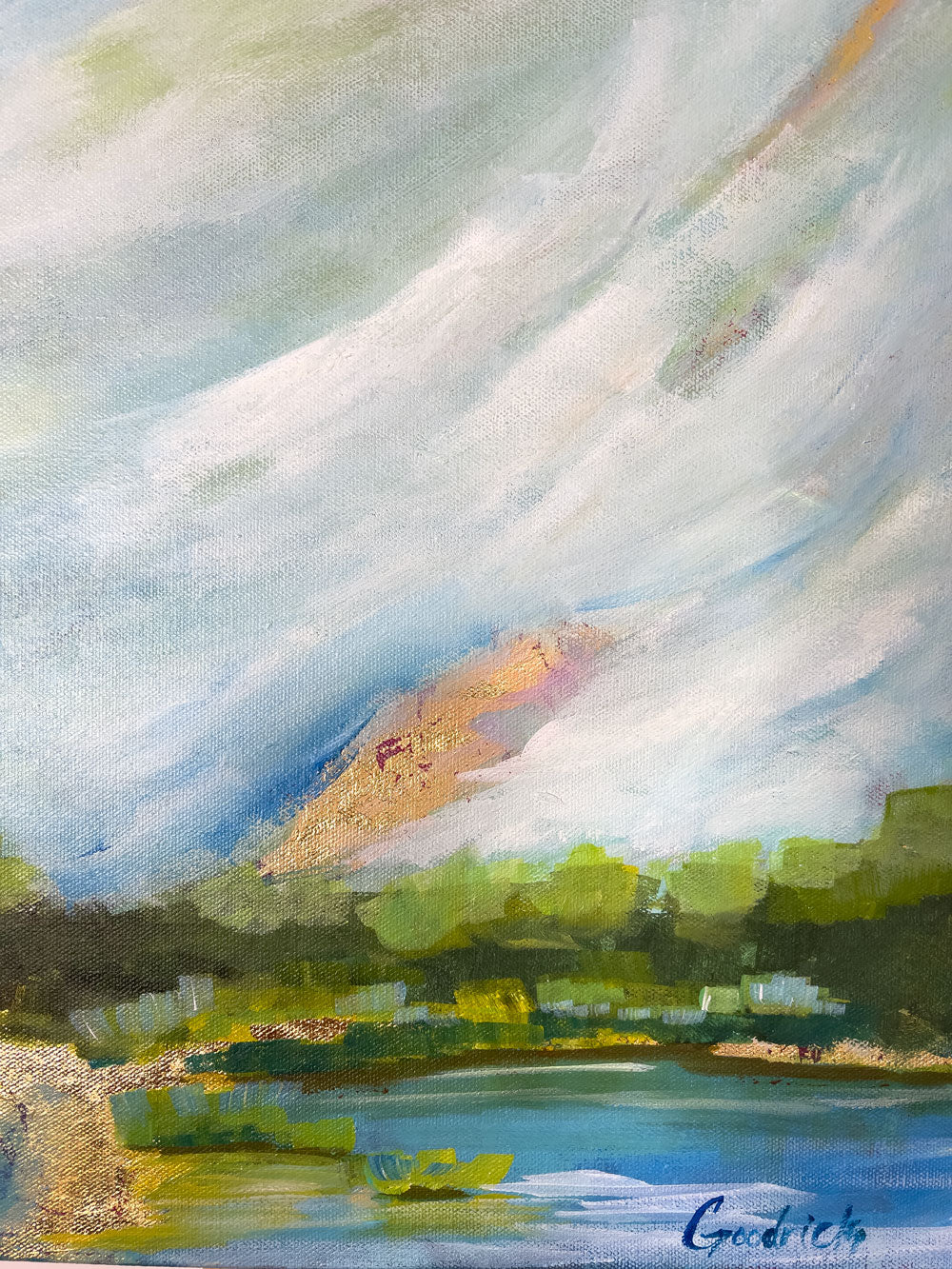 4" x 18"
Acrylic and Gold Leaf on Gallery Wrapped Canvas
An original abstract landscape by Sally J Goodrich
Blue, pink and gold represent the sun rising over the blue ridge mountains and lake. the gold is relected in the lake which is bound by native trees and grasses.