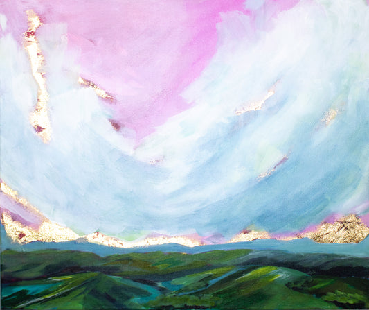 24" x 20"
Acrylic and Gold Leaf on Canvas
Experience the magic of dawn with "It's Complicated," an impressionist landscape capturing pink and blue skies over the Blue Ridge Mountains.
The shimmering gold leaf sunrise adds a playful touch of sacredness and regality, turning nature’s beauty into a joyful celebration on your wall.