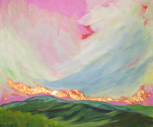 Acrylic and Gold Leaf on Canvas
Experience the magic of dawn with "Morning Has Broken," a large impressionist landscape painting that bursts with playful color.
Soft pink skies blend with whimsical blue clouds, while a shimmering gold leaf sun rises over the Blue Ridge Mountains.
This vibrant artwork brings a joyful, dreamy start to any room, capturing the beauty and wonder of a new day in a fresh, imaginative way.