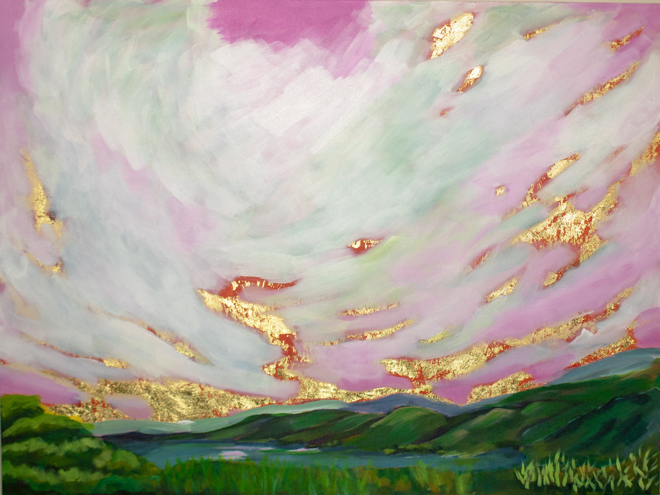 40" x 30"
Acrylic and Gold Leaf on Canvas
Experience the playful charm of "Out of the Woods," an impressionist-inspired artwork capturing pink skies and a golden leaf sunrise over the Blue Ridge Mountains.
Native grasses sway gently in the foothills surrounding a serene lake, inviting you to step into a whimsical morning filled with light and color.
Perfect for adding a joyful touch of nature’s beauty to your space.