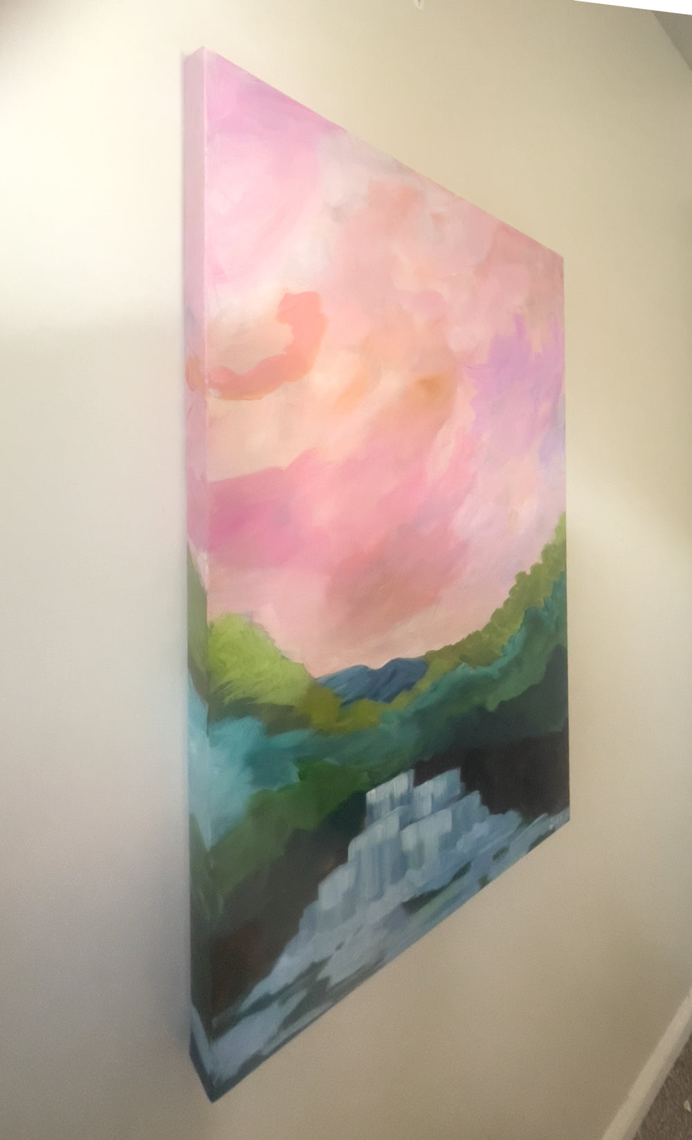 24" x 36"
Gallery wrapped canvas
Acrylic paint
Experience the cool and refreshing beauty of western Virginia with Waterfalls IV.
This original painting captures the cascading fresh water, lush forest, and stunning pink skies of the Blue Ridge Mountains.
Impressively painted with loose, fun strokes, this large piece is perfect for bringing the outdoors inside.
(Hint: It's cool to have cool rolling waters down the stream in your special spot).
