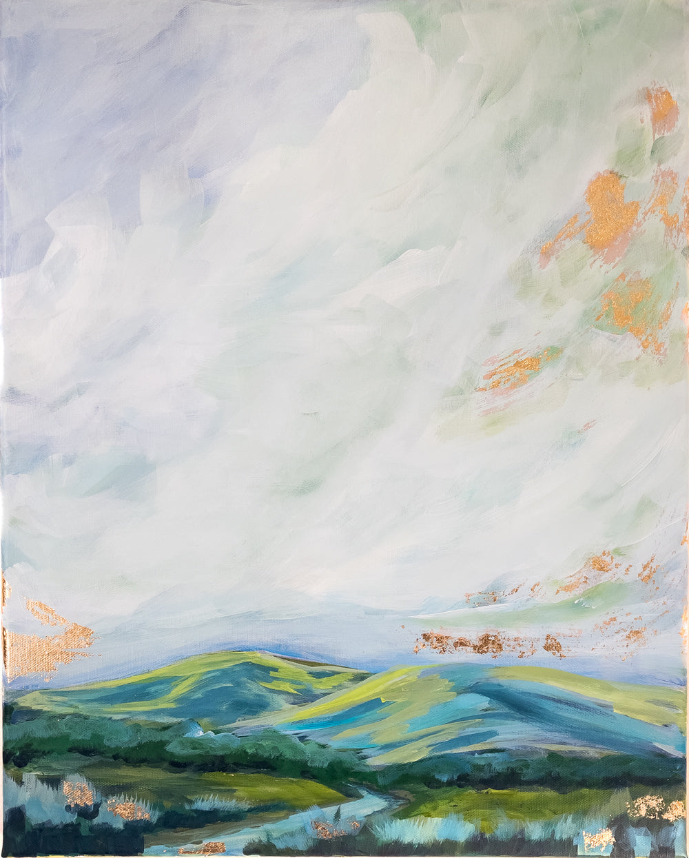 16" x 20"
Acrylic on Gallery Wrapped Canvas
Experience the beauty of the Blue Ridge mountains with this impressionistic painting.
Blues, greens, and gold leaf evoke a sense of tranquility, while the dramatic sky and sunrise add a touch of magic.
Let the river flowing through the valley take you on a journey through nature's stunning landscape.