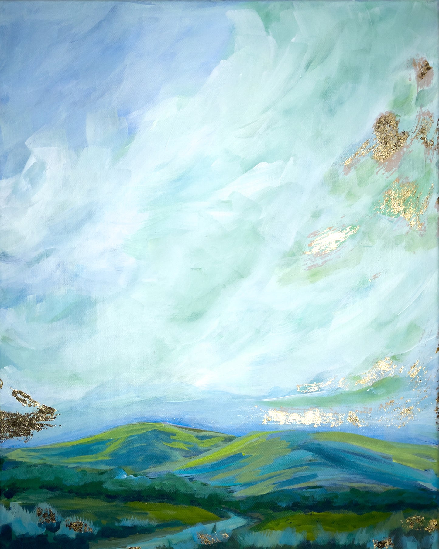 Experience the beauty of the Blue Ridge mountains with this impressionistic painting.
Blues, greens, and gold leaf evoke a sense of tranquility, while the dramatic sky and sunrise add a touch of magic.
Let the river flowing through the valley take you on a journey through nature's stunning landscape.