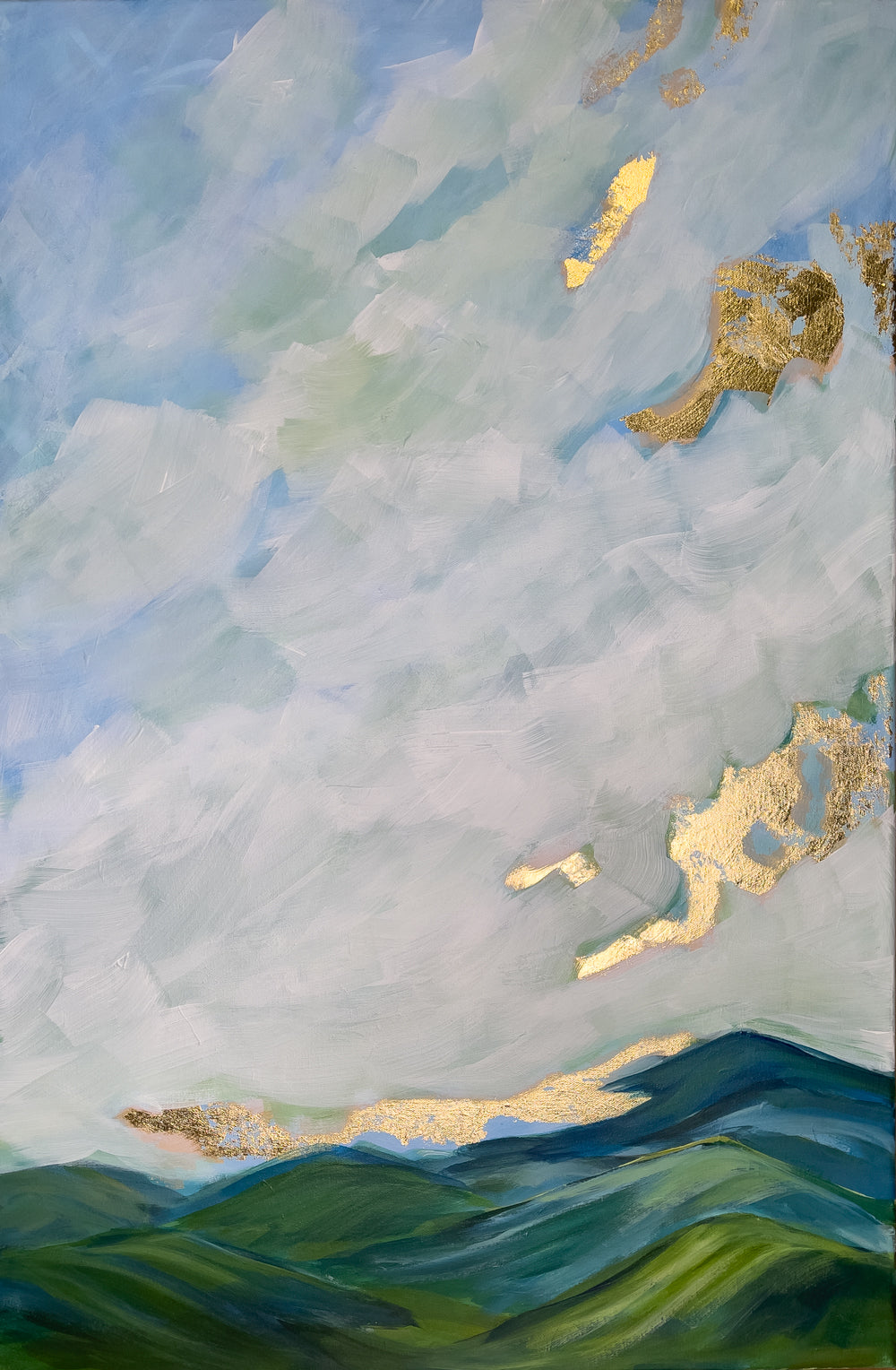 36" x 24"
Acrylic on Gallery Wrapped Canvas
Explore the beauty of the Blue Ridge Mountains with "Whispers of the Blue Ridge II".
Featuring a large impressionism painting with gorgeous blue dramatic skies and a gold leaf sunrise, this piece reflects the stunning colors of the mountains and valleys.
Bring the serenity of the Blue Ridge into your home.