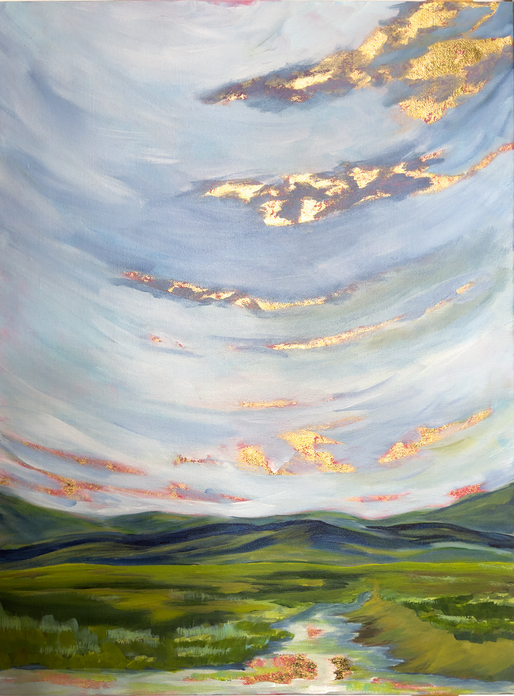 18" x 24"
Acrylic and gold leaf on wrapped canvas
Experience the majesty of the Blue Ridge Mountains with Worlds Apart!
This original modern abstract landscape features a blue and white sky with a gold leaf sun rising, while the mountains and green fields are brought to life with colorful impressionist strokes.
The gold leaf sky is even reflected in the stream, surrounded by lush native grasses.
A stunning piece for any art lover!