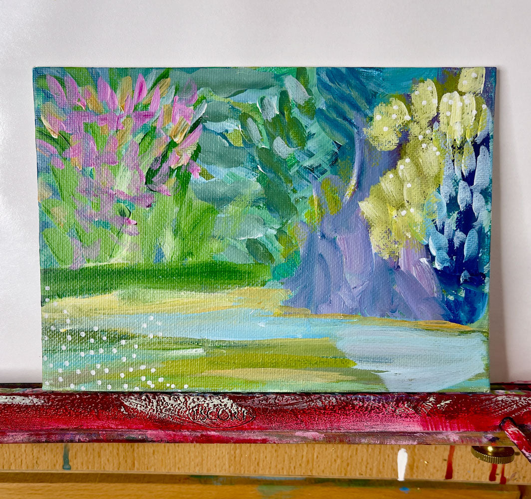 5" x 7"
acrylic on canvas board
Get lost in the colorful foilage of Abstract Landscape #1.
This limited collection features an abstracted landscape of Roanoke River, with riverside plants and trees.
The cool waters add a refreshing touch to this impressionistic and fauvism inspired piece.
Available in small canvases that are perfect for adding a touch of nature to any room.