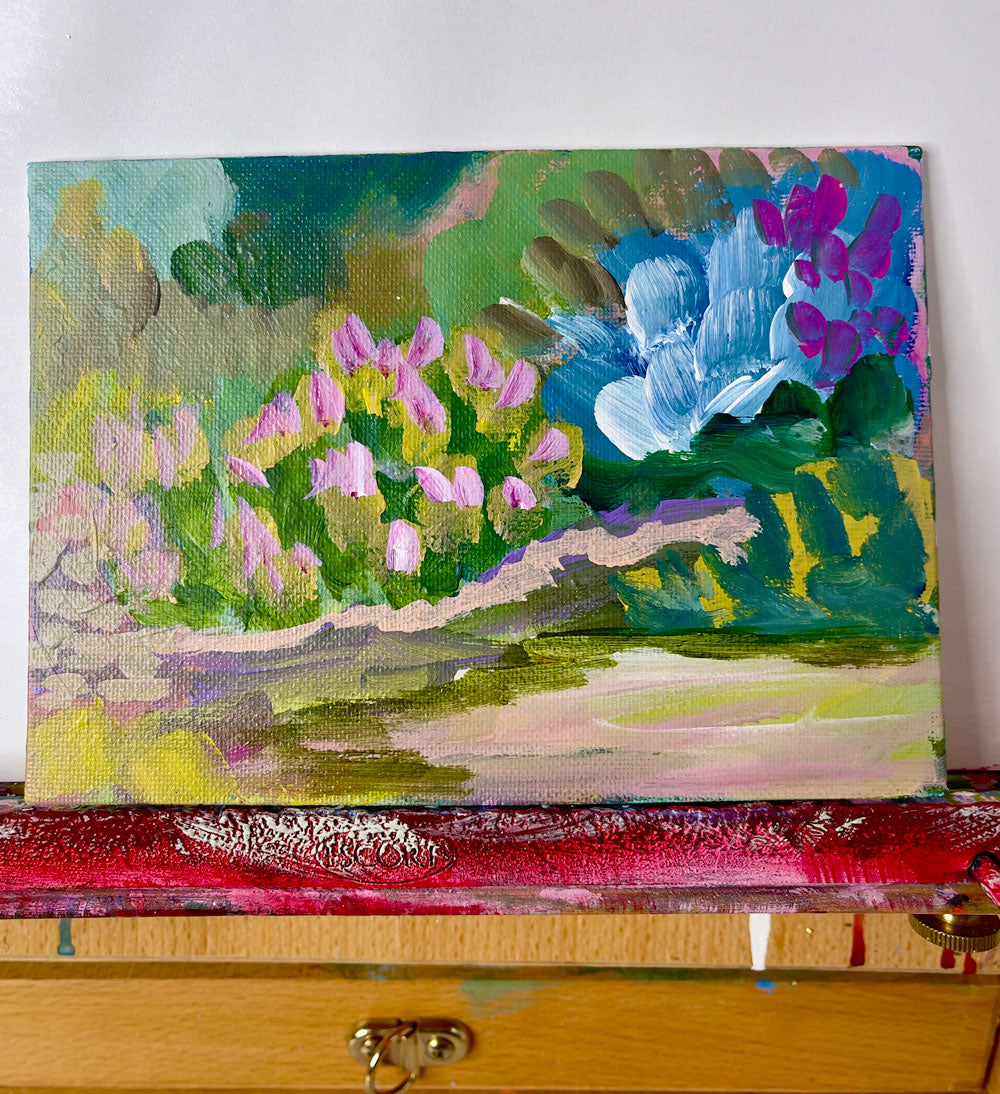 5" x 7"
acrylic on canvas board
Get lost in the colorful foilage of Abstract Landscape #1.
This limited collection features an abstracted landscape of Roanoke River, with riverside plants and trees.
The cool waters add a refreshing touch to this impressionistic and fauvism inspired piece.
Available in small canvases that are perfect for adding a touch of nature to any room.