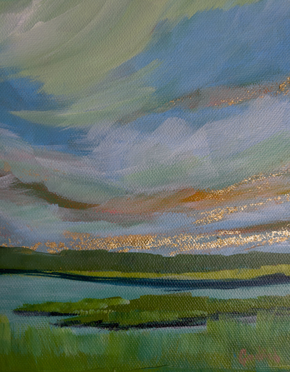 6" x 6"
Gallery wrapped canvas
Acrylic paint and gold leaf
Add a touch of whimsy to your gallery wall with Coastal II, a small painting capturing the inviting greens and turquoises of a coastal marsh landscape.
With impressionistic modern style and a sunrise depicted in gold leaf, this Maine landscape is a unique addition to any space.
View it from your seat on the "Downeaster" train from Boston to Portland.