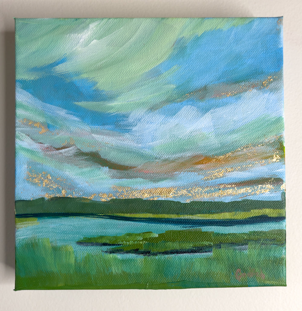 6" x 6"
Gallery wrapped canvas
Acrylic paint and gold leaf
Add a touch of whimsy to your gallery wall with Coastal II, a small painting capturing the inviting greens and turquoises of a coastal marsh landscape.
With impressionistic modern style and a sunrise depicted in gold leaf, this Maine landscape is a unique addition to any space.
View it from your seat on the "Downeaster" train from Boston to Portland.