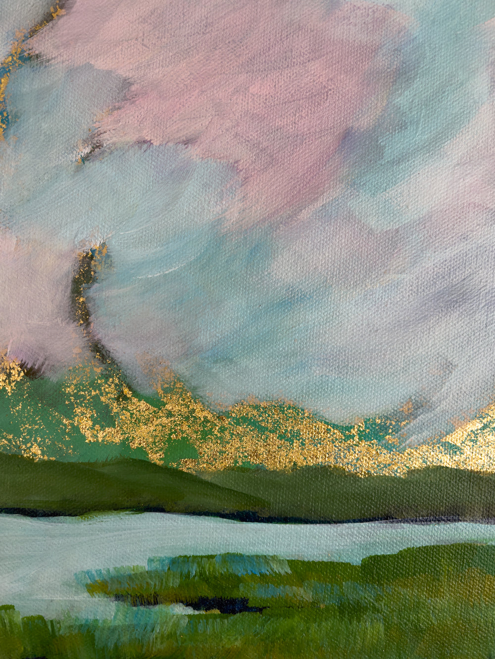 8" x 8"
Gallery wrapped canvas
Acrylic paint and gold leaf
Experience a slice of Maine with Coastal III.
This original landscape painting beautifully captures the deep green marshes, blue and pink skies, and golden sunrise with a modern impressionistic touch.
Hang it up and transform your space into a serene and stunning escape.