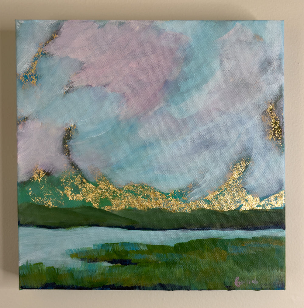 8" x 8"
Gallery wrapped canvas
Acrylic paint and gold leaf
Experience a slice of Maine with Coastal III.
This original landscape painting beautifully captures the deep green marshes, blue and pink skies, and golden sunrise with a modern impressionistic touch.
Hang it up and transform your space into a serene and stunning escape.