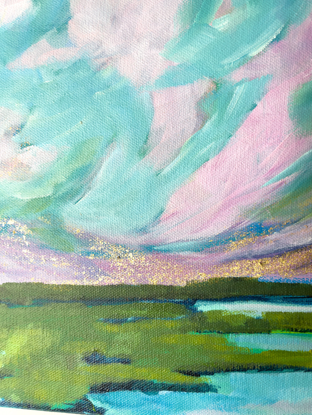 8" x 8"
Gallery wrapped canvas
Acrylic paint and gold leaf
The Coastal IV is perfect for bookshelves, mantles, or gallery walls.
Adorn your home with pink and turquoise skies, Sally's iconic style, and a gold leaf sunrise over the marsh grasses.
This modern impressionistic abstract landscape brings the beauty of the Maine coastline into your space.
