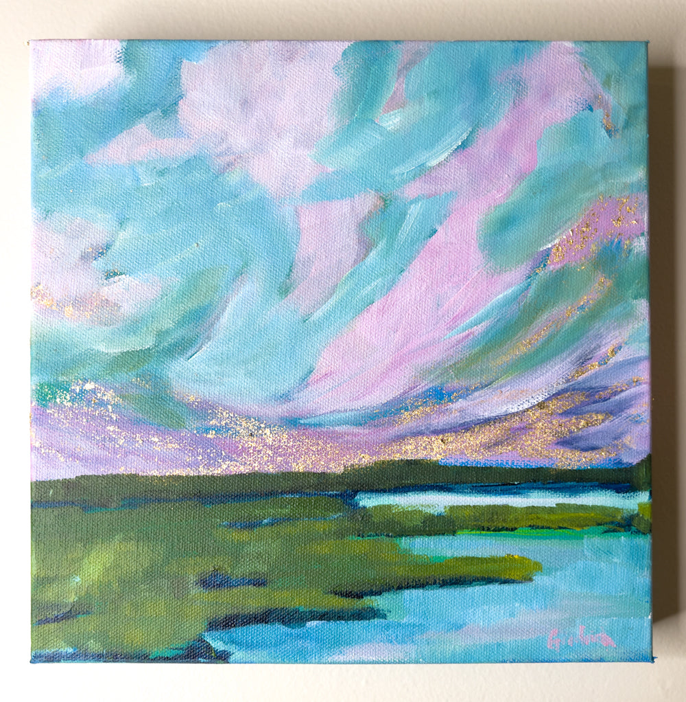 8" x 8"
Gallery wrapped canvas
Acrylic paint and gold leaf
The Coastal IV is perfect for bookshelves, mantles, or gallery walls.
Adorn your home with pink and turquoise skies, Sally's iconic style, and a gold leaf sunrise over the marsh grasses.
This modern impressionistic abstract landscape brings the beauty of the Maine coastline into your space.