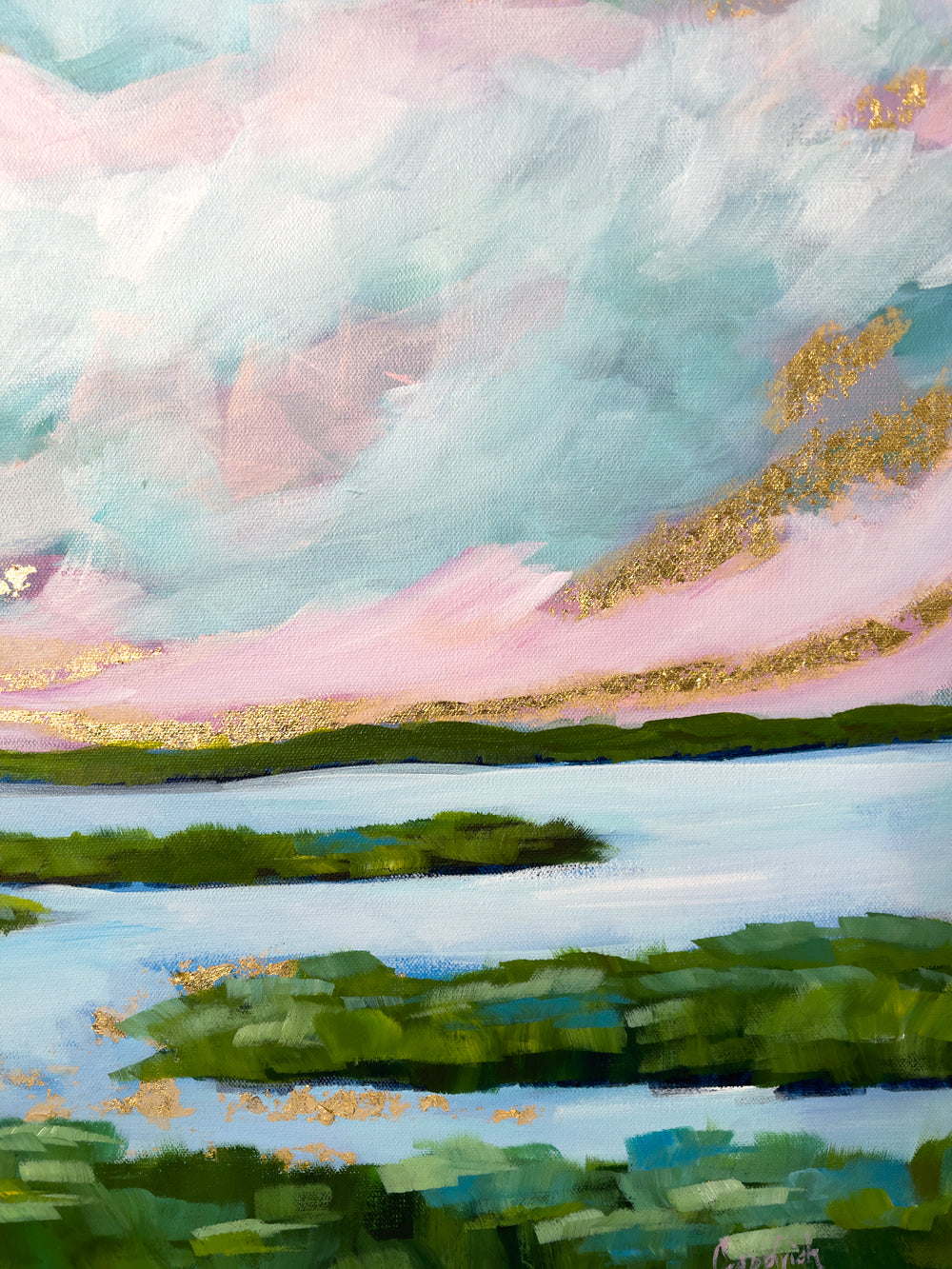 24" x 36"
Gallery wrapped canvas
Acrylic paint and gold leaf
Experience the beauty of the eastern coastline with Coastal V.
This unique piece features stunning scenes from the Downeaster train, showcasing Maine's landscape, marsh grasses, and coastline.
With blue, pink, and white skies and a gold leaf sunrise, this modern landscape is a true impressionistic masterpiece.