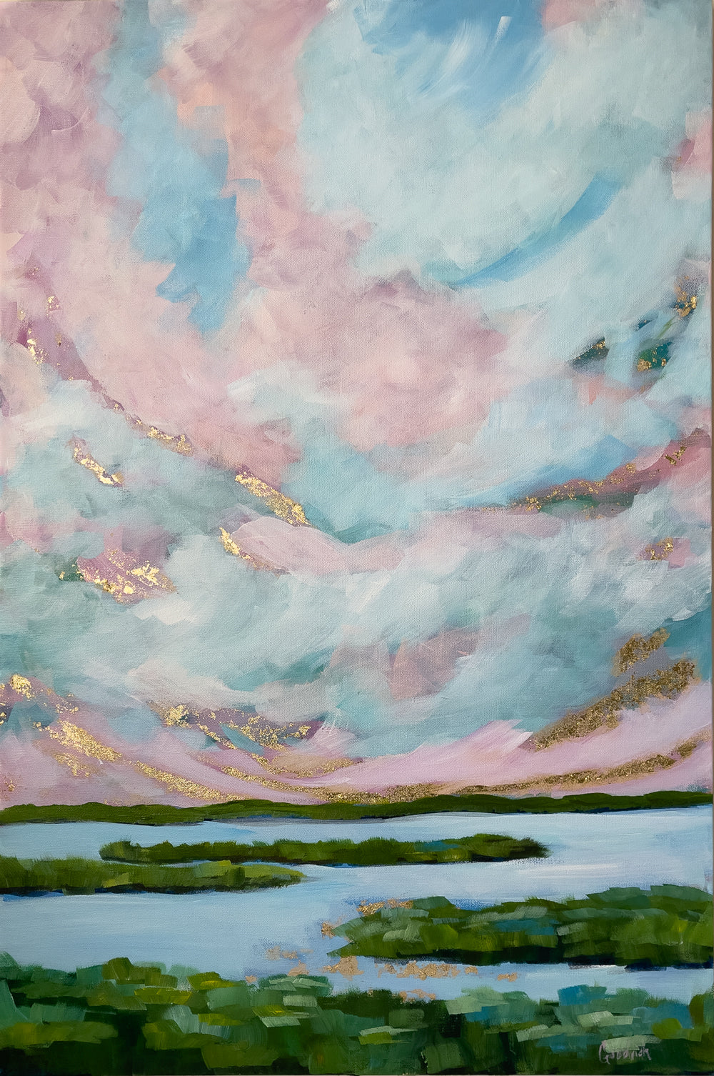 24" x 36"
Gallery wrapped canvas
Acrylic paint and gold leaf
Experience the beauty of the eastern coastline with Coastal V.
This unique piece features stunning scenes from the Downeaster train, showcasing Maine's landscape, marsh grasses, and coastline.
With blue, pink, and white skies and a gold leaf sunrise, this modern landscape is a true impressionistic masterpiece.