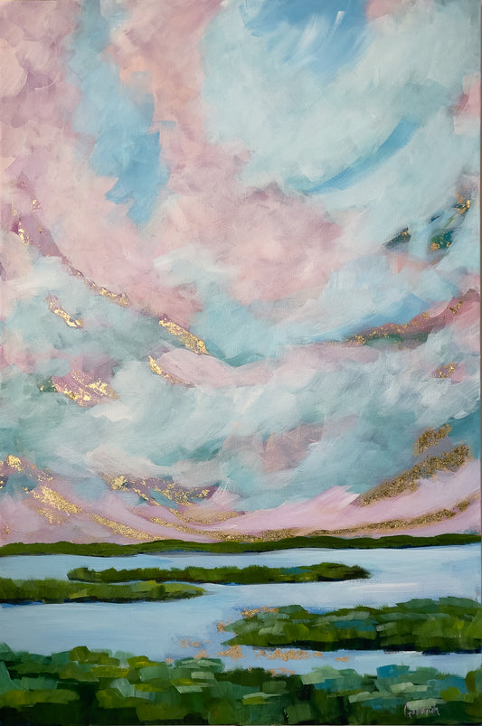 24" x 36"
Gallery wrapped canvas
Acrylic paint and gold leaf
Experience the beauty of the eastern coastline with Coastal V.
This unique piece features stunning scenes from the Downeaster train, showcasing Maine's landscape, marsh grasses, and coastline.
With blue, pink, and white skies and a gold leaf sunrise, this modern landscape is a true impressionistic masterpiece.