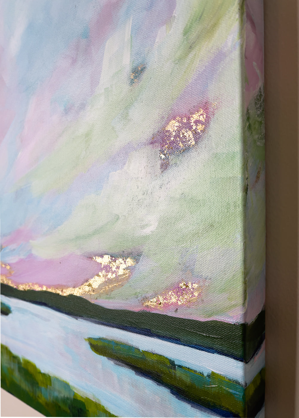 20" x 20"
Gallery wrapped canvas
Acrylic paint and gold leaf
Experience a picturesque journey through the "Downeaster" train with Coastal VI.
Admire the stunning gold leaf sunrise, pastel skies, and cool waters of the Maine coast.
Take in the beauty of the marshes and marsh grasses along the way.
Your window seat will provide the perfect view of this scenic adventure.