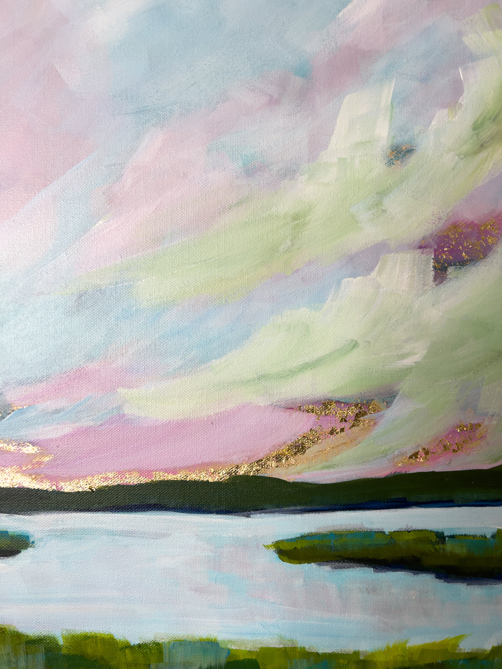 20" x 20"
Gallery wrapped canvas
Acrylic paint and gold leaf
Experience a picturesque journey through the "Downeaster" train with Coastal VI.
Admire the stunning gold leaf sunrise, pastel skies, and cool waters of the Maine coast.
Take in the beauty of the marshes and marsh grasses along the way.
Your window seat will provide the perfect view of this scenic adventure.