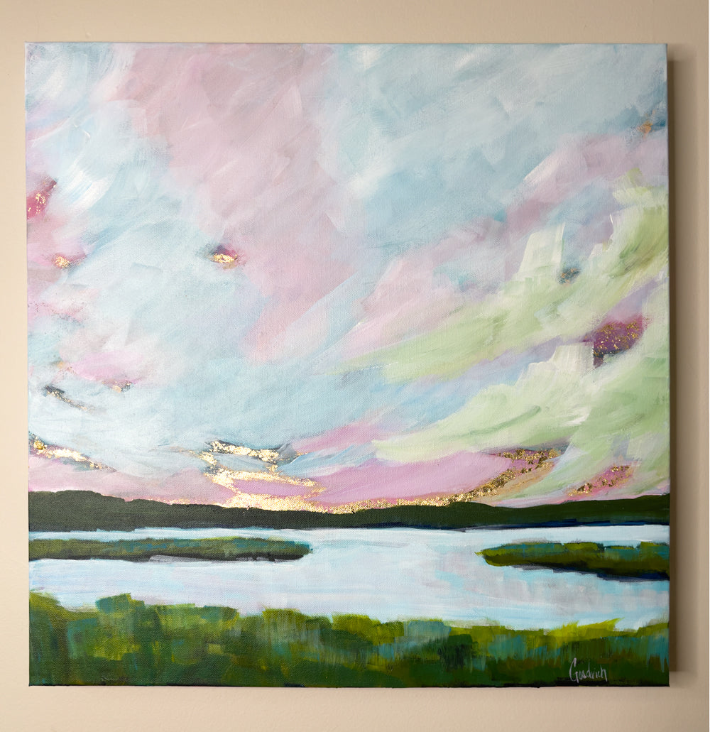 20" x 20"
Gallery wrapped canvas
Acrylic paint and gold leaf
Experience a picturesque journey through the "Downeaster" train with Coastal VI.
Admire the stunning gold leaf sunrise, pastel skies, and cool waters of the Maine coast.
Take in the beauty of the marshes and marsh grasses along the way.
Your window seat will provide the perfect view of this scenic adventure.