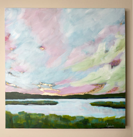 20" x 20"
Gallery wrapped canvas
Acrylic paint and gold leaf
Experience a picturesque journey through the "Downeaster" train with Coastal VI.
 Admire the stunning gold leaf sunrise, pastel skies, and cool waters of the Maine coast.
 Take in the beauty of the marshes and marsh grasses along the way.
Your window seat will provide the perfect view of this scenic adventure.