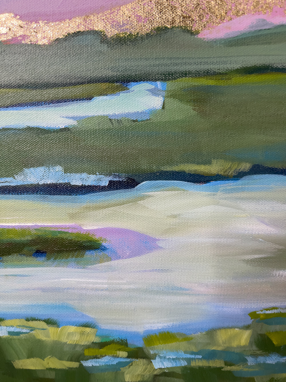 24" x 36"
Gallery wrapped canvas
Acrylic paint and gold leaf
Introducing Coastal VII - the perfect addition to your art collection!
This stunning piece features a Maine coastline with blue waters and pastel skies, brought to life with gold leaf and acrylic paint.
The marsh scene and grasses add a unique touch, making this a must-have for any quirky and playful art lover. Don't miss out on this one-of-a-kind piece!