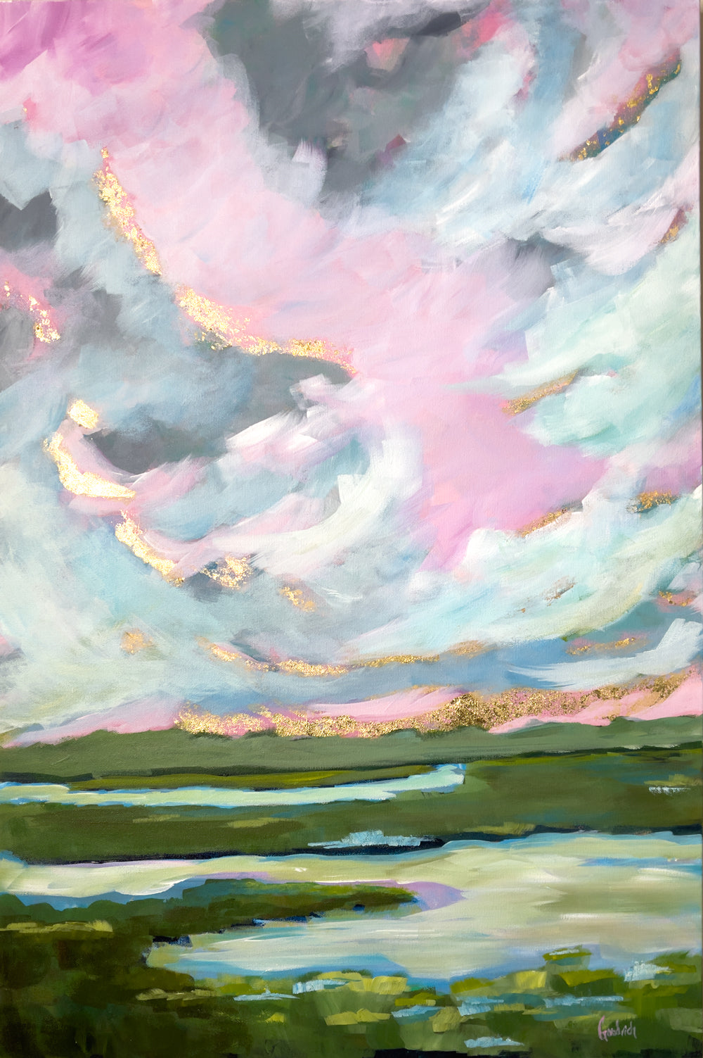24" x 36"
Gallery wrapped canvas
Acrylic paint and gold leaf
Introducing Coastal VII - the perfect addition to your art collection!
This stunning piece features a Maine coastline with blue waters and pastel skies, brought to life with gold leaf and acrylic paint.
The marsh scene and grasses add a unique touch, making this a must-have for any quirky and playful art lover. Don't miss out on this one-of-a-kind piece!