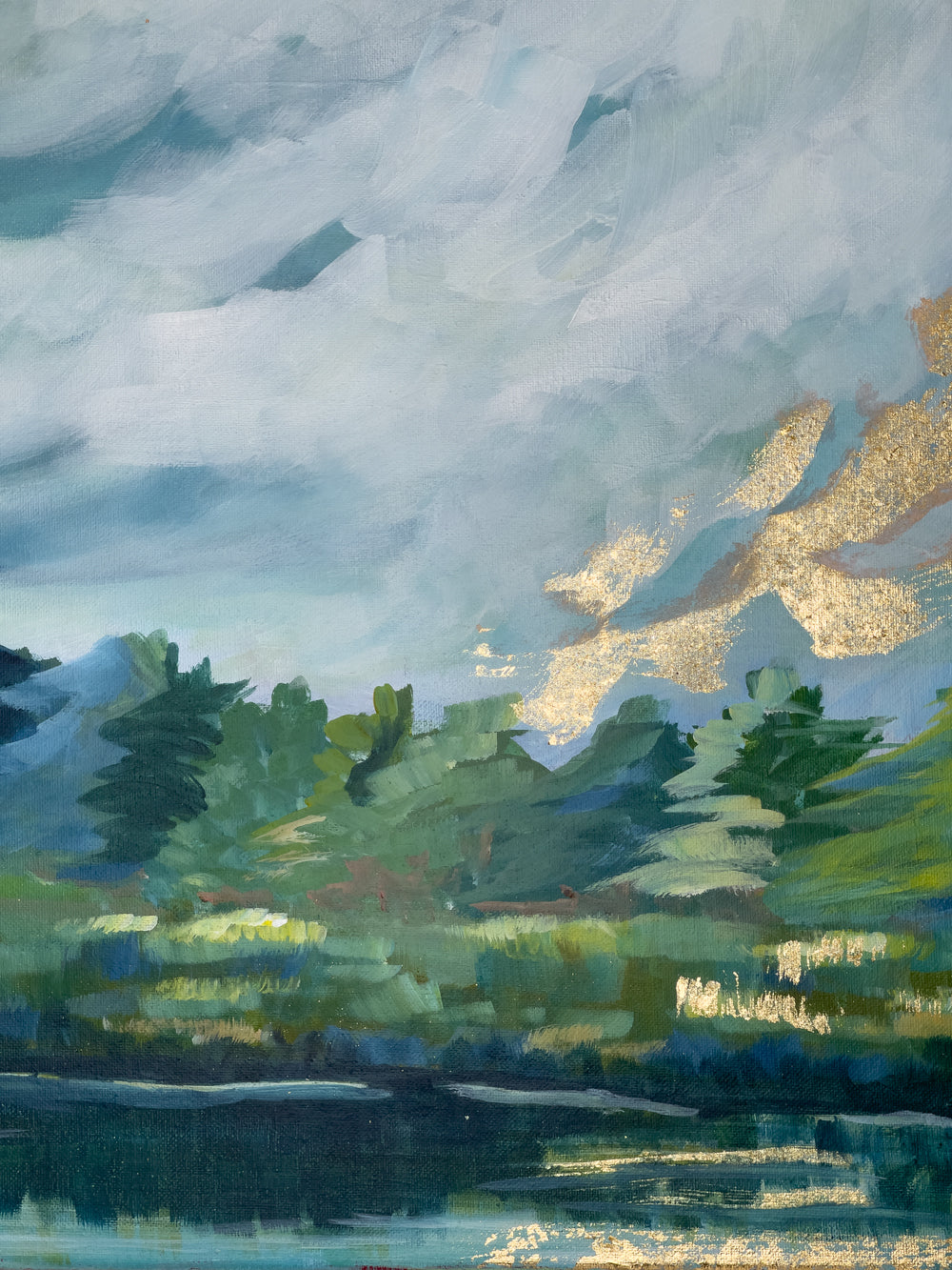 16" x 20"
acrylic on gallery wrapped canvas
Experience the beauty of nature with Debut from the Whispers of the Blue Ridge Collection.
Admire the gold leaf sunrise and its reflection on the lake, surrounded by lush green conifers and deciduous trees.
The dramatic blue sky adds to the stunning impressionism of this piece.