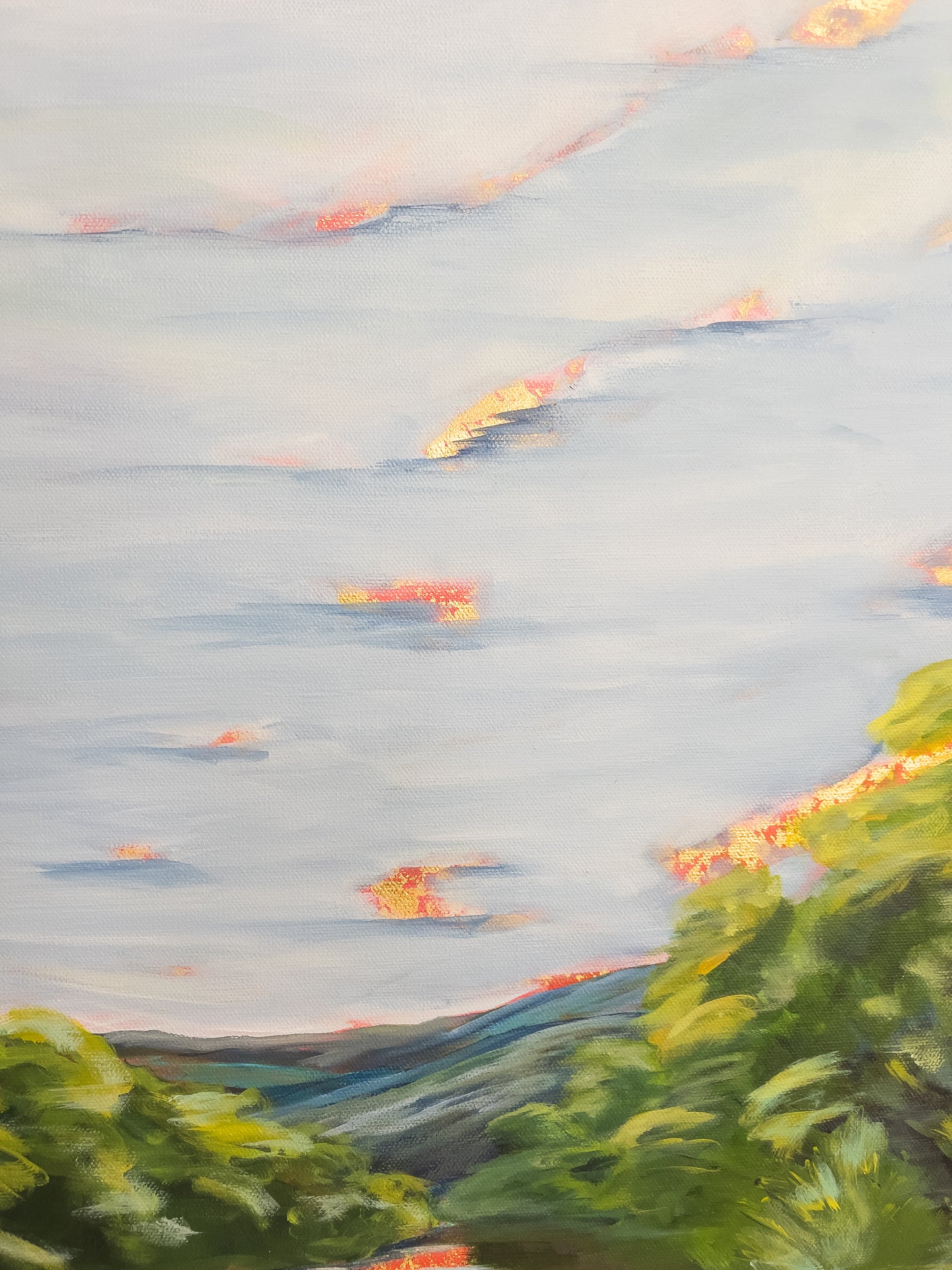 20" x 24"
Experience the breathtaking beauty of the Roanoke River with this stunning painting on canvas.
The vivid blue water is surrounded by lush green trees and shrubs, with the majestic Blue Ridge Mountains in the distance.
The vibrant blue sky is only enhanced by the golden rays of the sunrise, captured in delicate brush strokes of shimmering gold leaf.
This unique mix of impressionism and regal elements truly captures the sacred essence of nature.
Don't miss the opportunity to own this large and