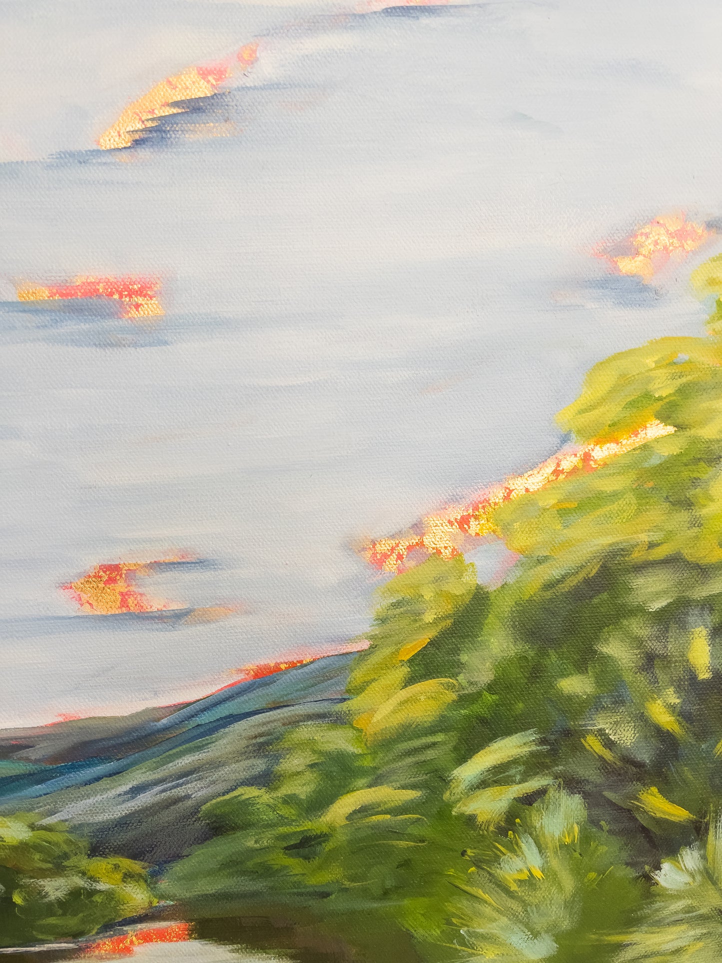 20" x 24"
Experience the breathtaking beauty of the Roanoke River with this stunning painting on canvas.
The vivid blue water is surrounded by lush green trees and shrubs, with the majestic Blue Ridge Mountains in the distance.
The vibrant blue sky is only enhanced by the golden rays of the sunrise, captured in delicate brush strokes of shimmering gold leaf.
This unique mix of impressionism and regal elements truly captures the sacred essence of nature.
Don't miss the opportunity to own this large and