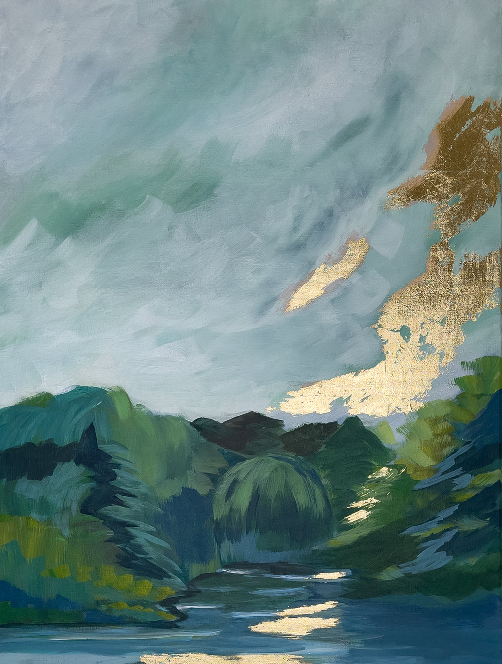 18" x 24"
Acrylic paint and gold leaf on canvas
Unleash your inner Free Spirit with this impressionism painting.
Admire the serene beauty of trees reflecting gold sunlight on a blue lake, while weeping willows, blue conifers and deciduous trees frame the scene.
Let this piece bring a sense of calm and peace to your space.