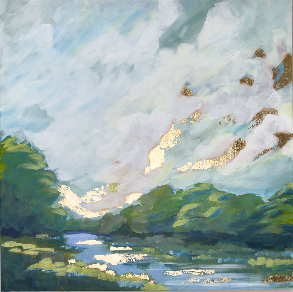 24" x 24" x 1.5"
Acrylic paint on gallery wrapped canvas
Get lost in the tranquil blues, greens, and golds of Garden Variety.
This mesmerizing painting depicts a serene blue river flowing through the picturesque Blue Ridge Mountains, reflecting the golden hues of the rising sun in the clear blue sky.
With lush green trees and swaying grasses, this painting captures the beauty of nature.