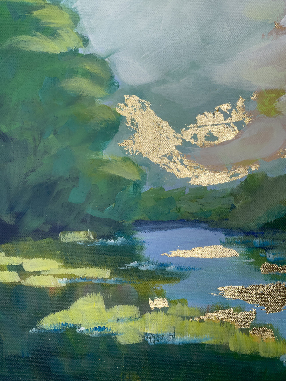24" x 24" x 1.5"
Acrylic paint on gallery wrapped canvas
Get lost in the tranquil blues, greens, and golds of Garden Variety.
This mesmerizing painting depicts a serene blue river flowing through the picturesque Blue Ridge Mountains, reflecting the golden hues of the rising sun in the clear blue sky.
With lush green trees and swaying grasses, this painting captures the beauty of nature.