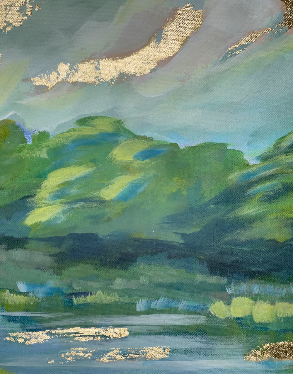 24" x 24" x 1.5"
Acrylic paint on gallery wrapped canvas
Get lost in the tranquil blues, greens, and golds of Garden Variety.
This mesmerizing painting depicts a serene blue river flowing through the picturesque Blue Ridge Mountains, reflecting the golden hues of the rising sun in the clear blue sky.
With lush green trees and swaying grasses, this painting captures the beauty of nature.