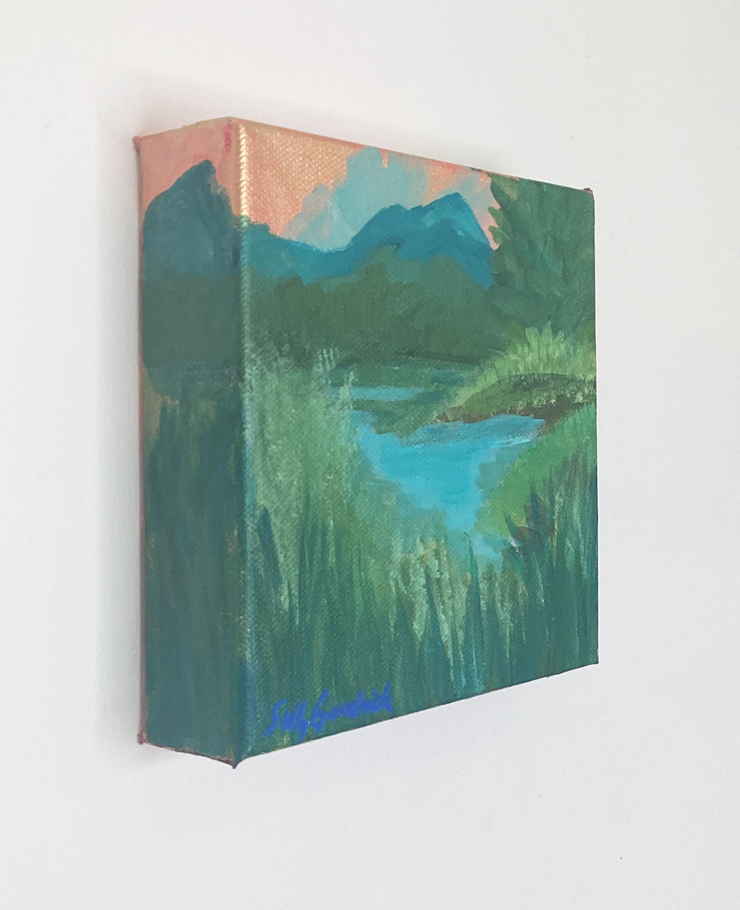 side view of a gold leaf landscape original painting with a Blue Ridge Mountains lake surrounded by native trees and grasses