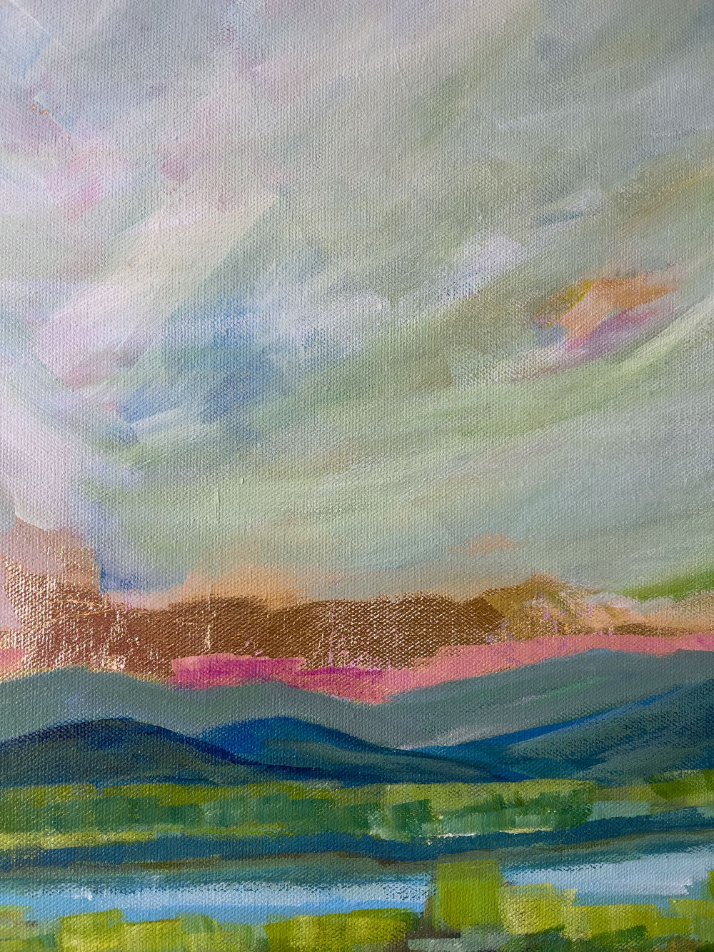 24" x 18"
Acrylic paint with Gold Leaf on Gallery Wrapped Canvas
Get ready to rise with Spring Rising! This abstract landscape features dramatic clouds and the majestic Blue Ridge Mountains, all accented with luxurious gold leaf. Plus, a clean blue stream and native grasses add a touch of natural beauty. Adventure awaits!
Shipping
I carefully pack and ship your painting and send it to your home!