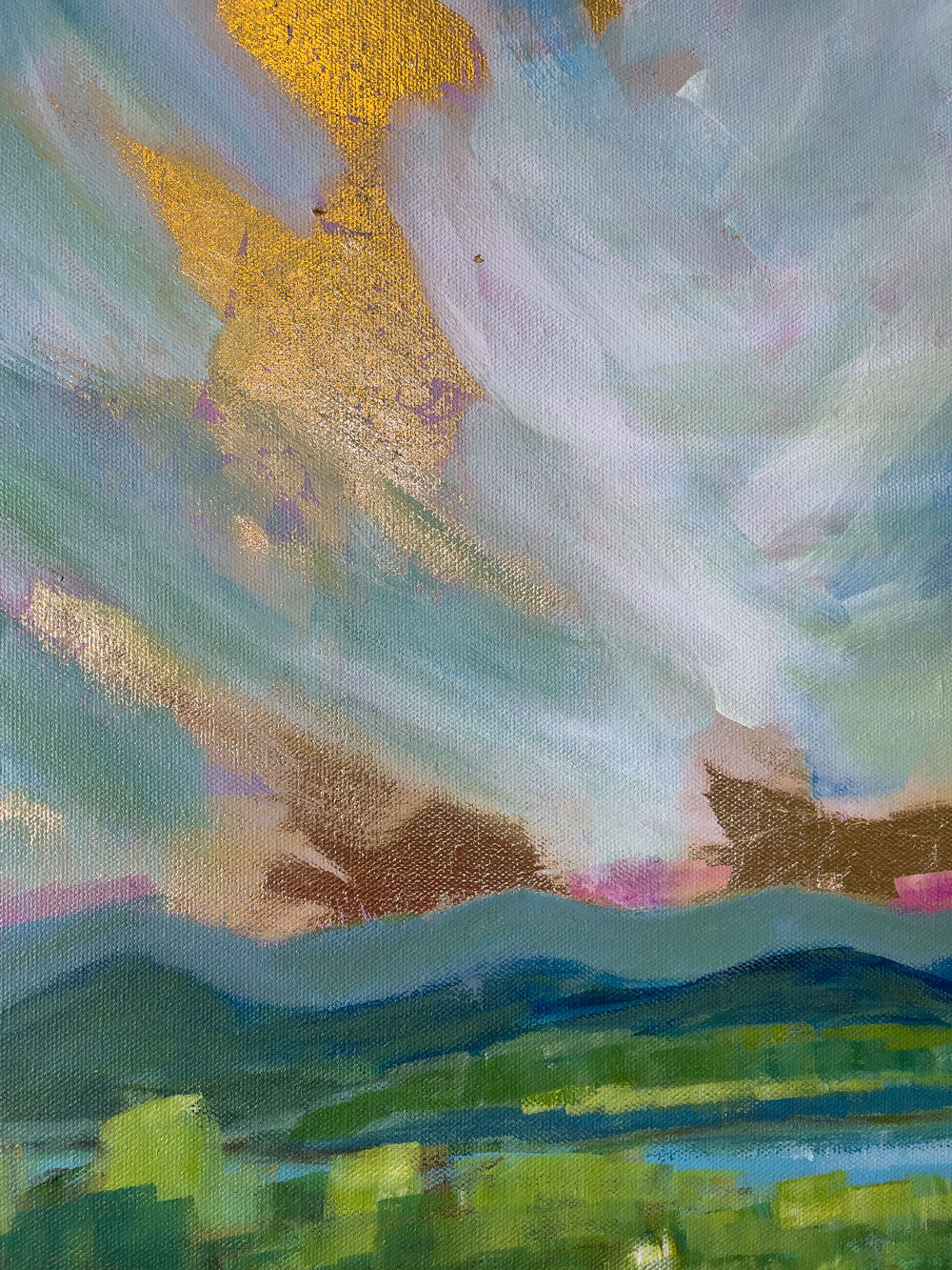 24" x 18"
Acrylic paint with Gold Leaf on Gallery Wrapped Canvas
Get ready to rise with Spring Rising! This abstract landscape features dramatic clouds and the majestic Blue Ridge Mountains, all accented with luxurious gold leaf. Plus, a clean blue stream and native grasses add a touch of natural beauty. Adventure awaits!
Shipping
I carefully pack and ship your painting and send it to your home!
