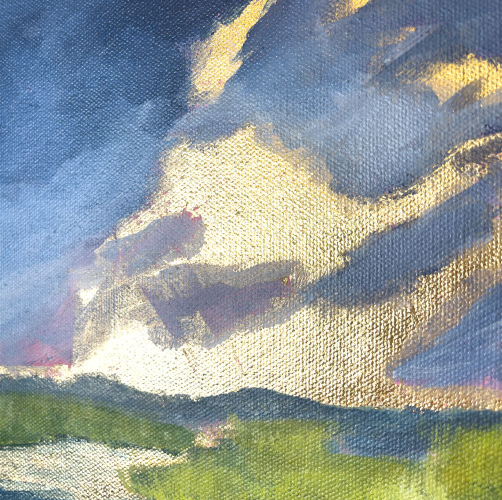 8" x 8"
Gallery wrapped canvas
Acrylic paint and gold leaf
Impressive: Capture the mood of spring with moody clouds, April showers, and a golden sunrise.
Let the gray-blue clouds and reflections of gold in the stream transport you to the lush blue ridge mountains, surrounded by vibrant yellow-green marsh grasses.